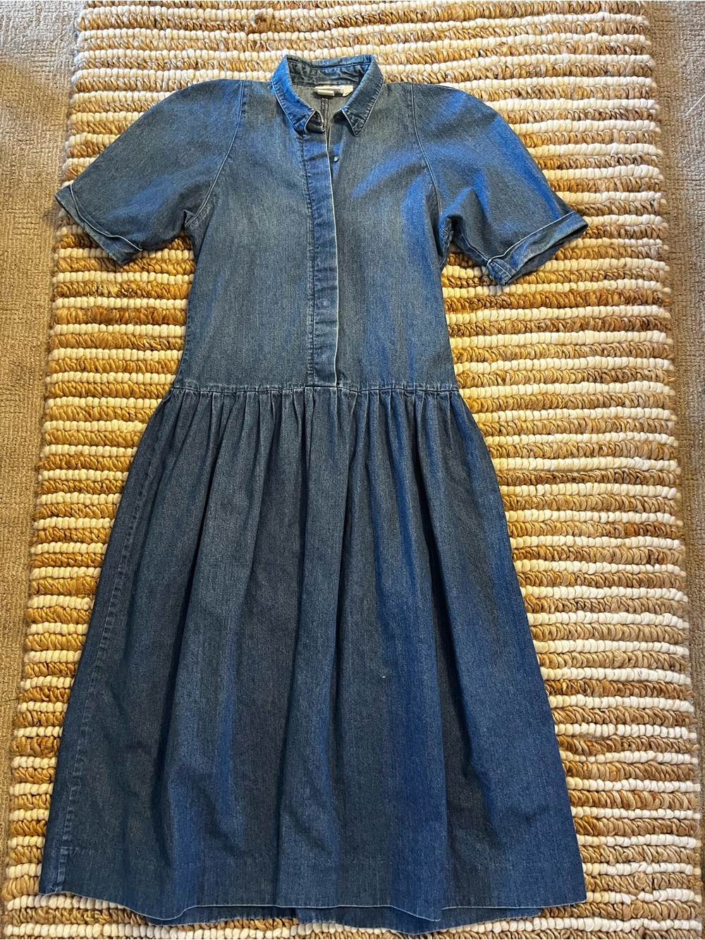 Vintage Denim Midi Drop Waist Dress in Dark Blue